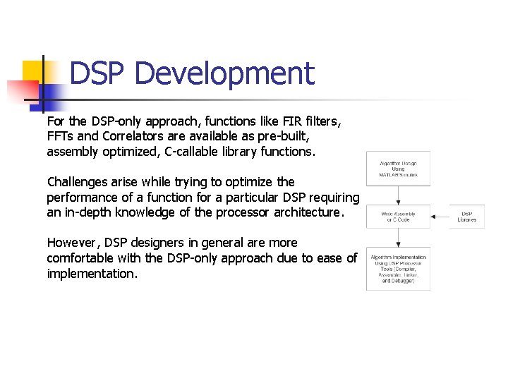 DSP Development For the DSP-only approach, functions like FIR filters, FFTs and Correlators are