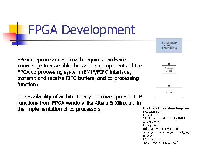 FPGA Development FPGA co-processor approach requires hardware knowledge to assemble the various components of