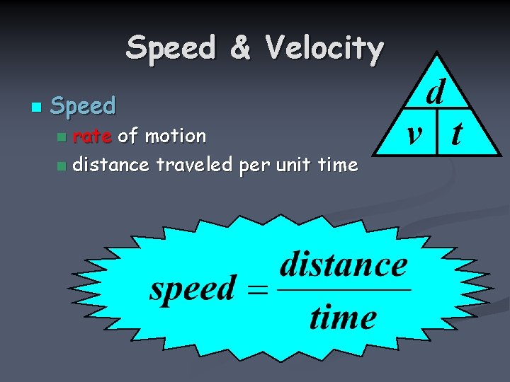 Speed & Velocity n Speed rate of motion n distance traveled per unit time