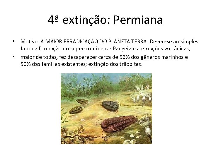 4ª extinção: Permiana • Motivo: A MAIOR ERRADICAÇÃO DO PLANETA TERRA. Deveu-se ao simples