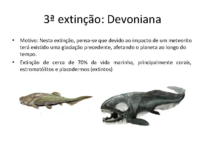 3ª extinção: Devoniana • Motivo: Nesta extinção, pensa-se que devido ao impacto de um