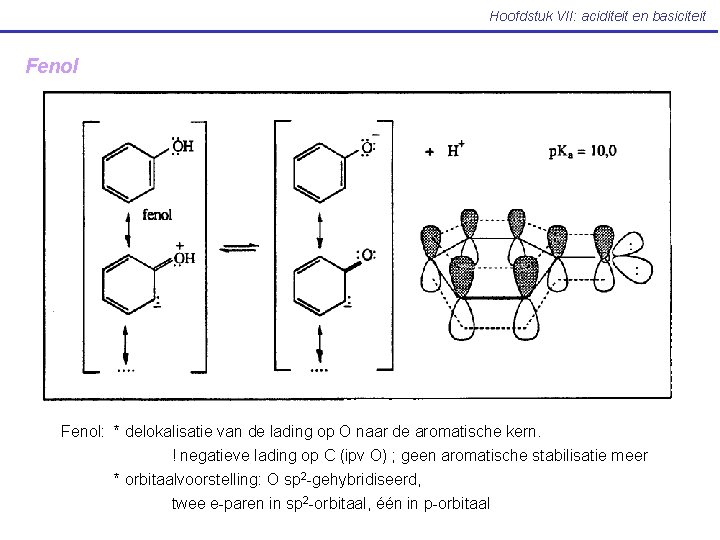 Hoofdstuk VII: aciditeit en basiciteit Fenol: * delokalisatie van de lading op O naar