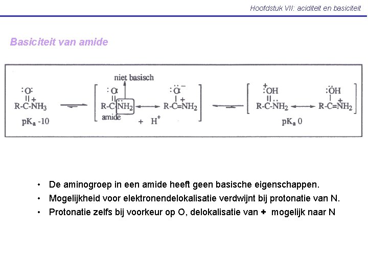 Hoofdstuk VII: aciditeit en basiciteit Basiciteit van amide • De aminogroep in een amide