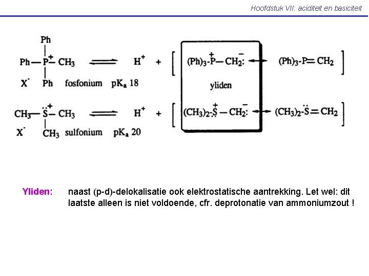 Hoofdstuk VII: aciditeit en basiciteit Yliden: naast (p-d)-delokalisatie ook elektrostatische aantrekking. Let wel: dit