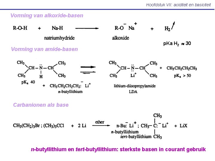 Hoofdstuk VII: aciditeit en basiciteit Vorming van alkoxide-basen Vorming van amide-basen p. Ka H