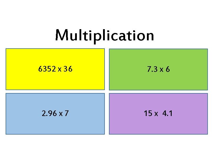 Multiplication 6352 x 36 7. 3 x 6 2. 96 x 7 15 x