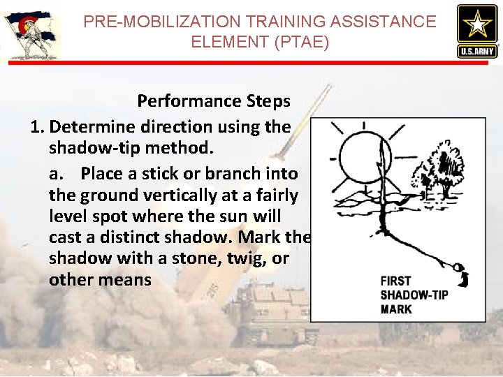 PRE-MOBILIZATION TRAINING ASSISTANCE ELEMENT (PTAE) Performance Steps 1. Determine direction using the shadow-tip method.