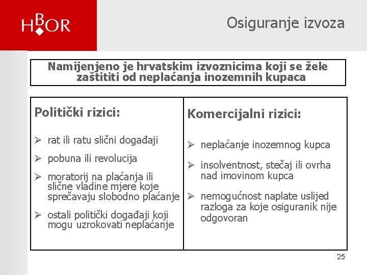 Osiguranje izvoza Namijenjeno je hrvatskim izvoznicima koji se žele zaštititi od neplaćanja inozemnih kupaca