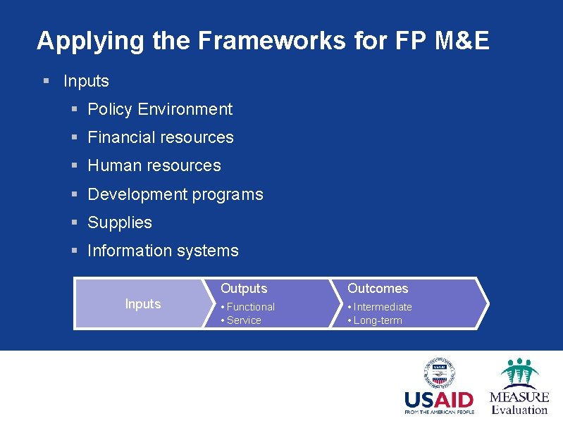 Applying the Frameworks for FP M&E § Inputs § Policy Environment § Financial resources