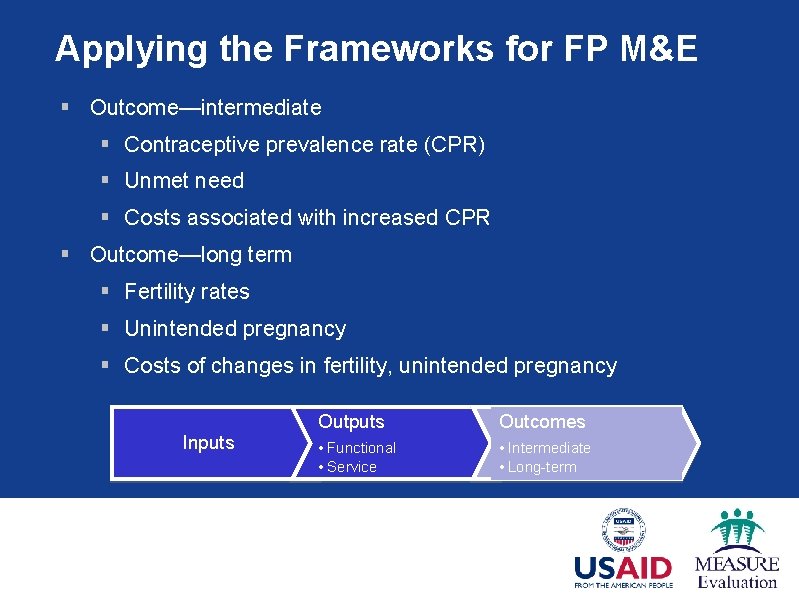 Applying the Frameworks for FP M&E § Outcome—intermediate § Contraceptive prevalence rate (CPR) §