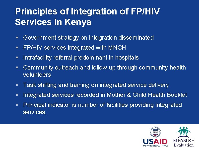 Principles of Integration of FP/HIV Services in Kenya § Government strategy on integration disseminated