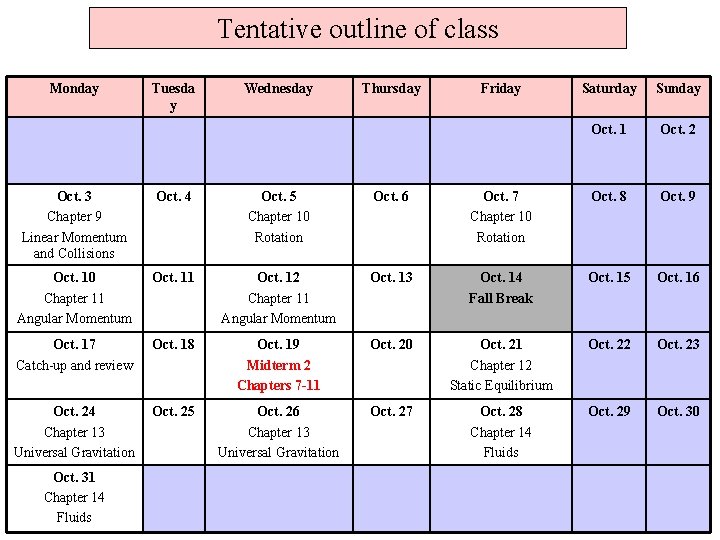 Tentative outline of class Monday Tuesda y Wednesday Thursday Friday Saturday Sunday Oct. 1