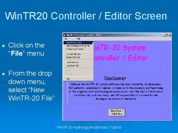 Win. TR 20 Controller / Editor Screen ● Click on the “File” menu ●