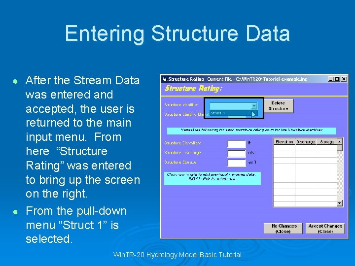 Entering Structure Data After the Stream Data was entered and accepted, the user is