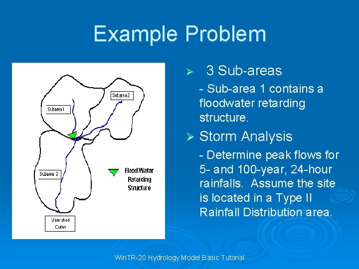 Example Problem Ø 3 Sub-areas - Sub-area 1 contains a floodwater retarding structure. Ø