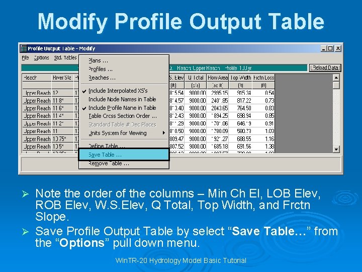 Modify Profile Output Table Note the order of the columns – Min Ch El,