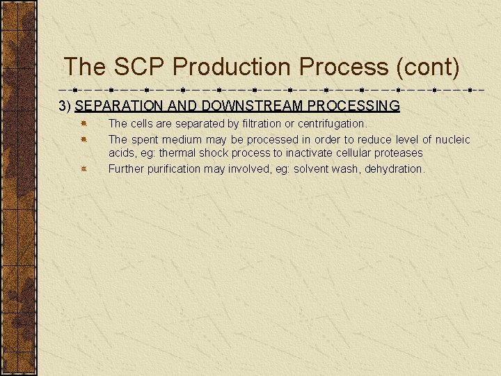The SCP Production Process (cont) 3) SEPARATION AND DOWNSTREAM PROCESSING The cells are separated