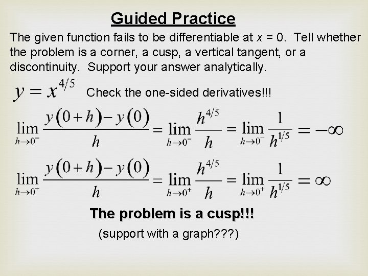 Guided Practice The given function fails to be differentiable at x = 0. Tell