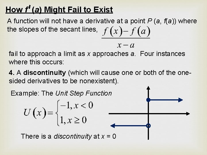 How f (a) Might Fail to Exist A function will not have a derivative