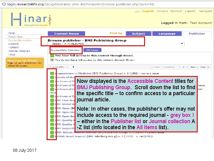 Now displayed is the Accessible Content titles for BMJ Publishing Group. Scroll down the