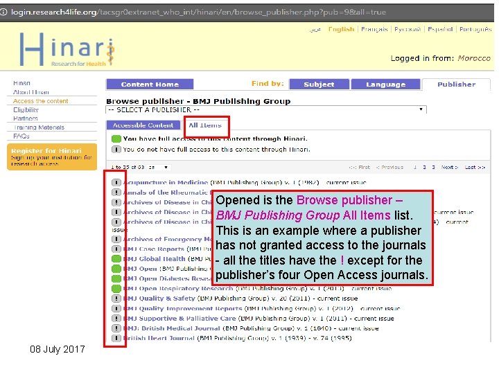 Opened is the Browse publisher – BMJ Publishing Group All Items list. This is