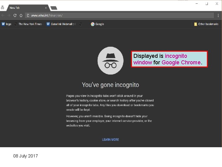 Displayed is incognito window for Google Chrome. 08 July 2017 
