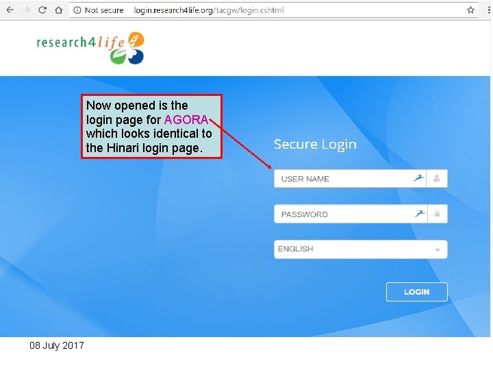 Now opened is the login page for AGORA which looks identical to the Hinari