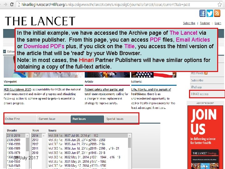 In the initial example, we have accessed the Archive page of The Lancet via