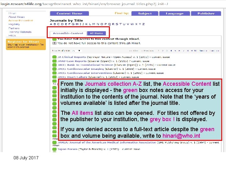 From the Journals collection A-Z list, the Accessible Content list initially is displayed -