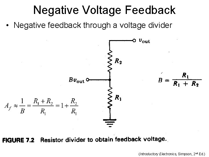 Negative Voltage Feedback • Negative feedback through a voltage divider (Introductory Electronics, Simpson, 2