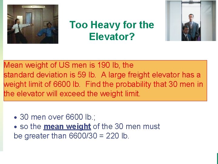 Too Heavy for the Elevator? Mean weight of US men is 190 lb, the