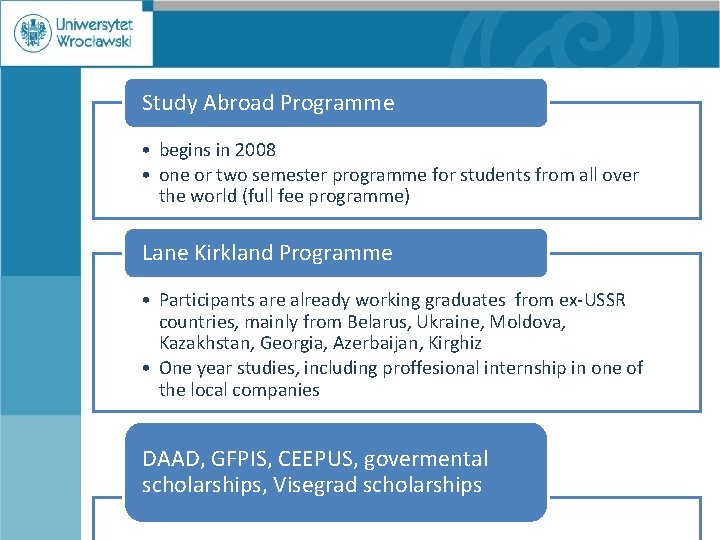 Study Abroad Programme • begins in 2008 • one or two semester programme for