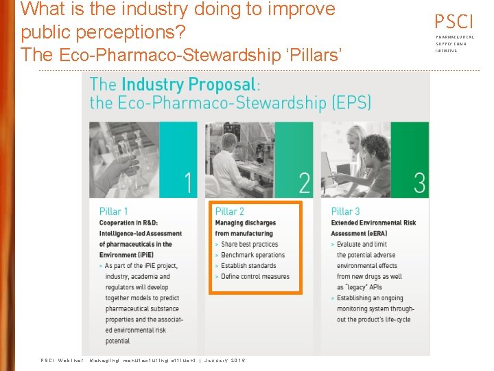 What is the industry doing to improve public perceptions? The Eco-Pharmaco-Stewardship ‘Pillars’ PSCI Webinar: