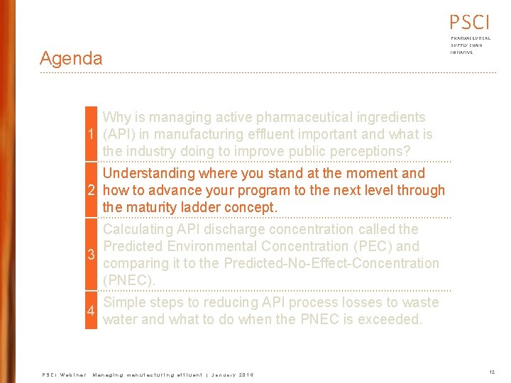 PSCI PHARMACEUTICAL Agenda SUPPLY CHAIN INITIATIVE Why is managing active pharmaceutical ingredients 1 (API)