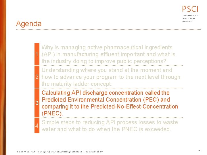 PSCI PHARMACEUTICAL Agenda SUPPLY CHAIN INITIATIVE Why is managing active pharmaceutical ingredients 1 (API)
