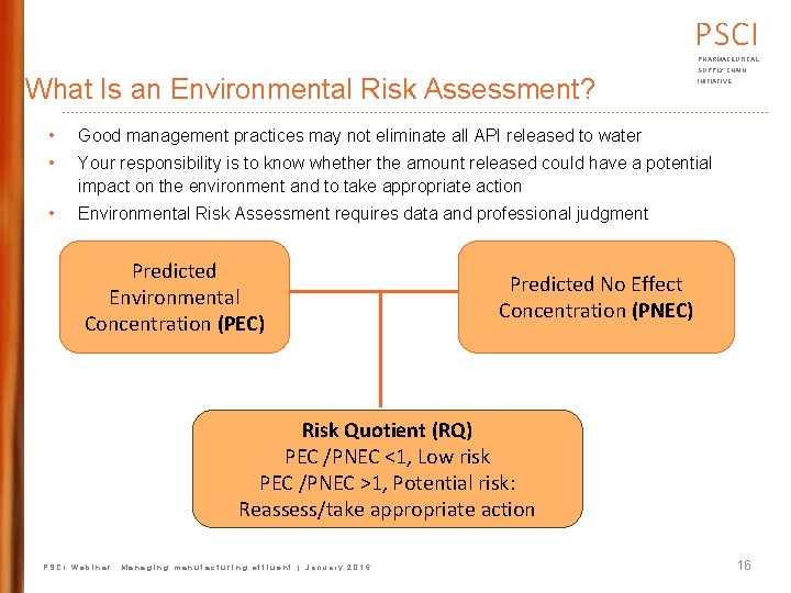 PSCI PHARMACEUTICAL What Is an Environmental Risk Assessment? SUPPLY CHAIN INITIATIVE • Good management