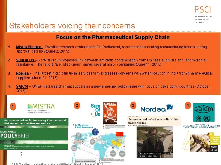 PSCI PHARMACEUTICAL SUPPLY CHAIN Stakeholders voicing their concerns INITIATIVE Focus on the Pharmaceutical Supply