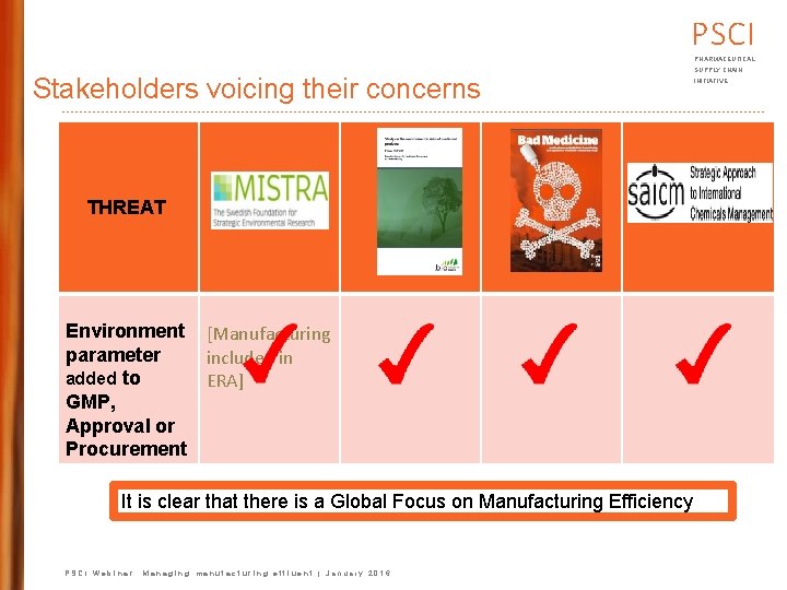 PSCI PHARMACEUTICAL Stakeholders voicing their concerns THREAT Environment parameter added to GMP, Approval or