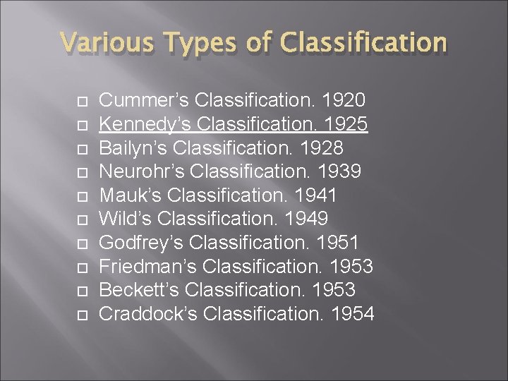 Various Types of Classification Cummer’s Classification. 1920 Kennedy’s Classification. 1925 Bailyn’s Classification. 1928 Neurohr’s