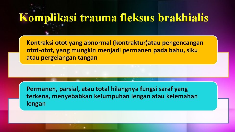 Komplikasi trauma fleksus brakhialis Kontraksi otot yang abnormal (kontraktur)atau pengencangan otot-otot, yang mungkin menjadi