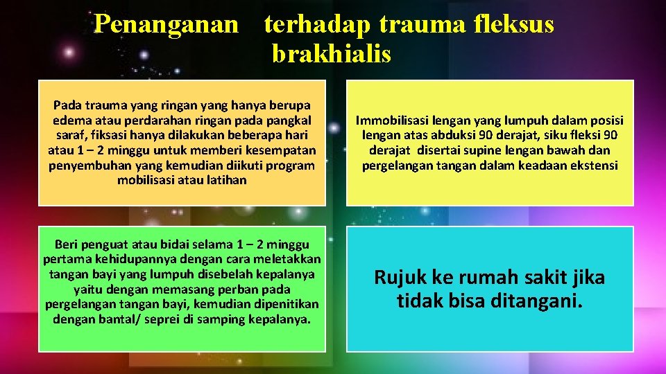 Penanganan terhadap trauma fleksus brakhialis Pada trauma yang ringan yang hanya berupa edema atau