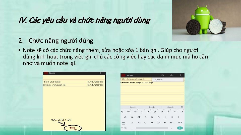 IV. Các yêu cầu và chức năng người dùng 2. Chức năng người dùng