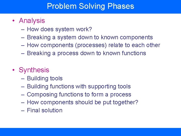 Problem Solving Phases • Analysis – – How does system work? Breaking a system