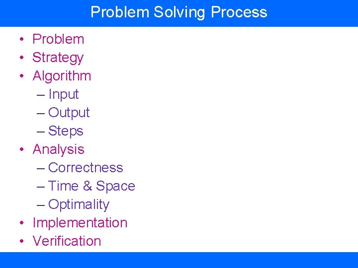 Problem Solving Process • Problem • Strategy • Algorithm – Input – Output –