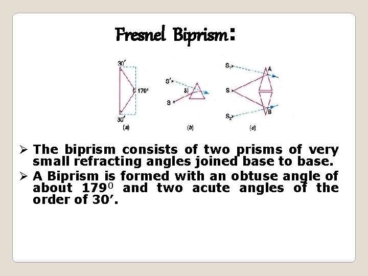 Fresnel Biprism: Ø The biprism consists of two prisms of very small refracting angles