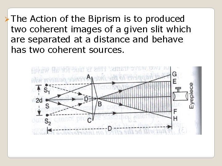 Ø The Action of the Biprism is to produced two coherent images of a