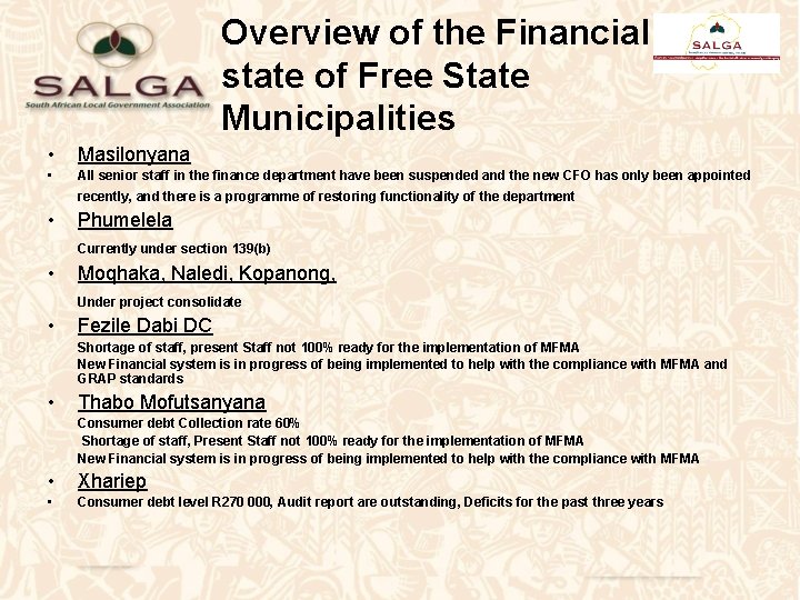 Overview of the Financial state of Free State Municipalities • Masilonyana • All senior