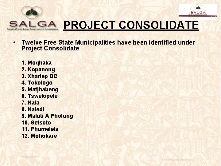 PROJECT CONSOLIDATE • Twelve Free State Municipalities have been identified under Project Consolidate 1.