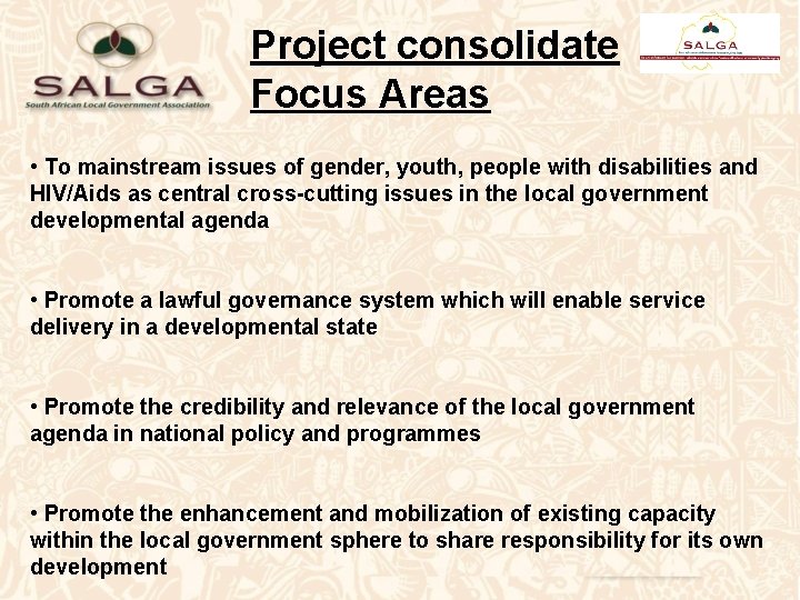 Project consolidate Focus Areas • To mainstream issues of gender, youth, people with disabilities