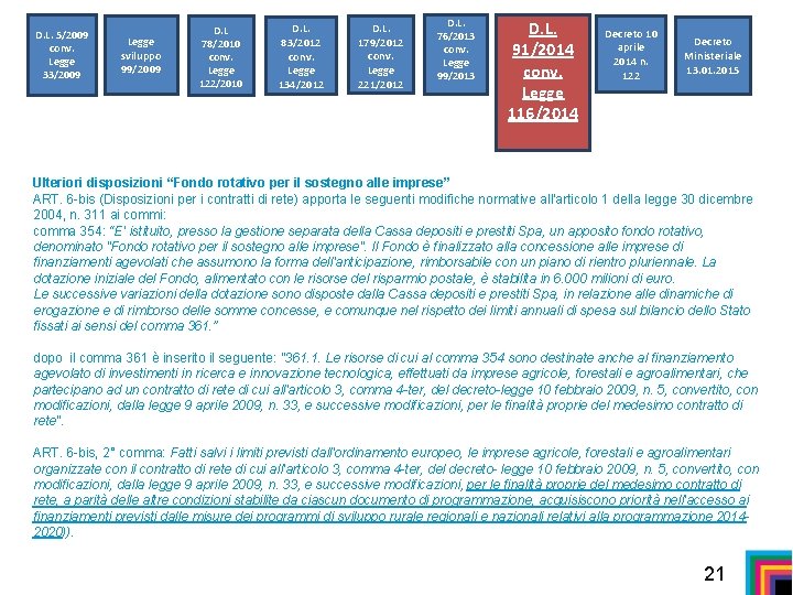 D. L. 5/2009 conv. Legge 33/2009 Legge sviluppo 99/2009 D. L 78/2010 conv. Legge